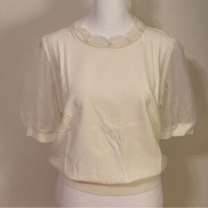 Cream Silk & Cotton Sheer Puff-Sleeve Pearl-Trim Blouse